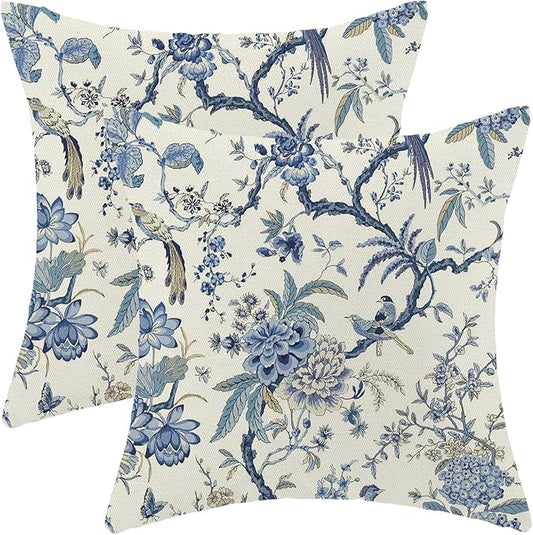 CXMEIFLY Spring Floral Birds Pillow Covers 24 x 24 Inch Set of 2 for Chinoiserie Flowers Decor Throw Pillows Blue and White Plant Outdoor Decorative Cushion Cases for Couch Bed Decorations