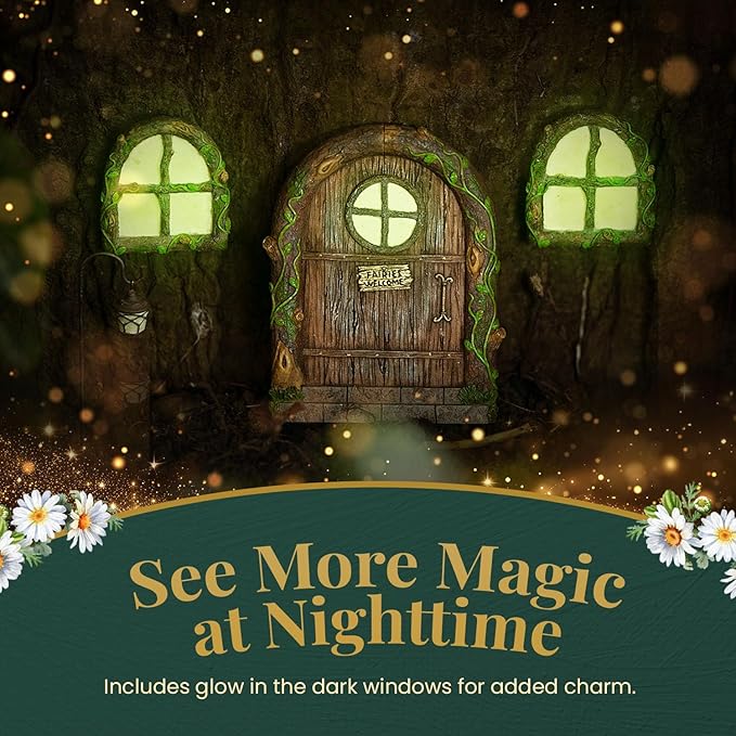 Fairy Door and Windows – Glow in The Dark Yard Art Sculpture Decoration for Kids Room, Wall and Trees Outdoor | Miniature Garden Outdoor Decor Accessories with Bonus Fairy Lantern