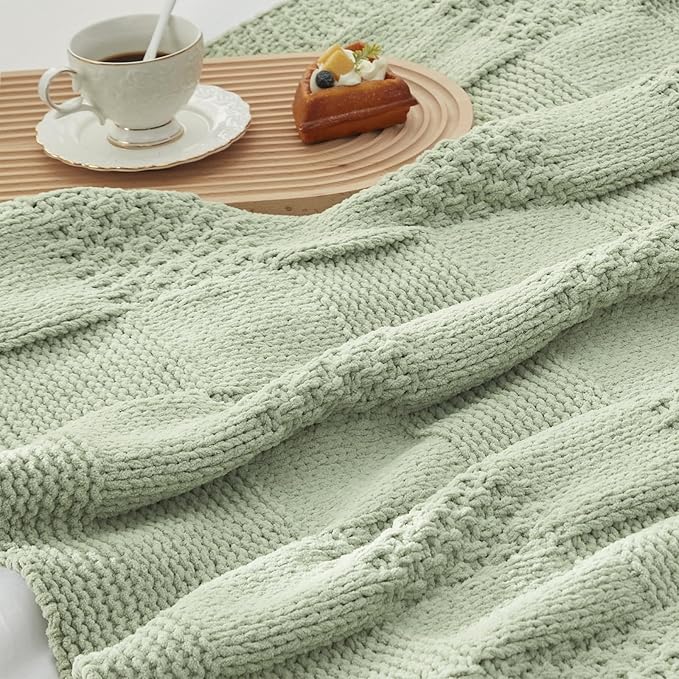 Amélie Home Chenille Knit Throw Blanket for Couch, Checkered Texture Decorative Soft Blanket for Sofa, Bed & Living Room, 60"x80", Sage Green