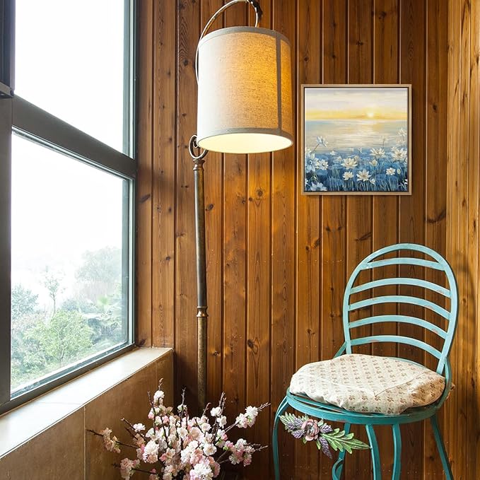 Bathroom Decor Wall Art-Framed Canvas Wall Art Modern Beach Coastal Floral Sunset Boho Ocean Artwork Blue Yellow Lotus Flower Zen Wall Picture for Bedroom Kitchen Office Small