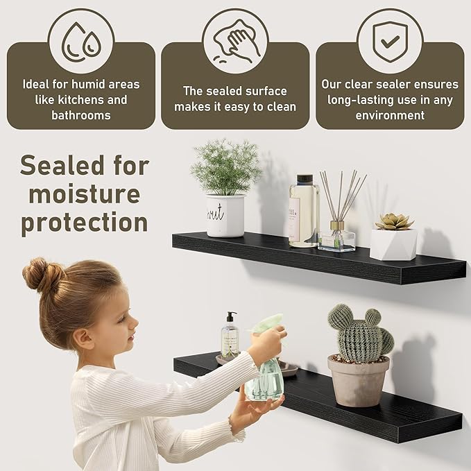 Fun Memories 72 Inch Floating Shelves for Wall 2 Pack Shelves for Bedroom|Kitchen|Bathroom 72 x 9.3 Inch Wood Floating Shelf with Invisible Brackets for Books|Storage|Decor, Black