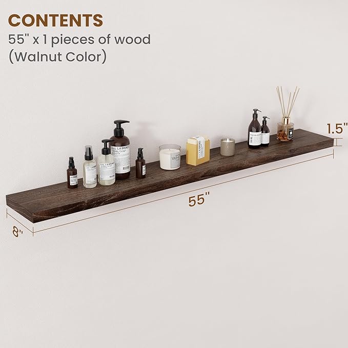 Floating Shelves for Wall Decor, 8 Inch Deep Rustic Solid Elm Wood Floating Shelves Wall Mounted, Wall Shelves with Invisible Bracket for Living Room Bathroom Bedroom Kitchen, 55 Inch Set of 1, Walnut