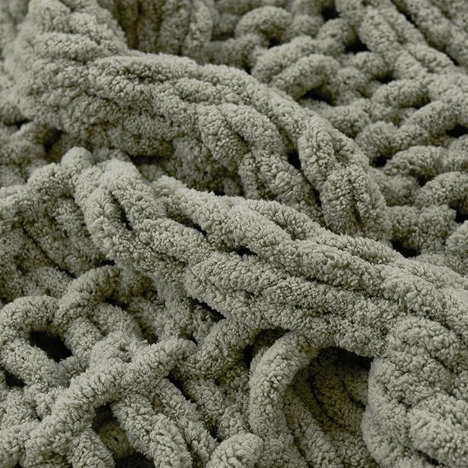 Esterra Chunky Knit Blanket Throw 50"x60", 100% Hand Knitted Chenille Throw Blanket, Cozy Soft Thick Cable Knit Throw Large Rope Knot Crochet Throw Blanket for Sofa Couch Bed, Sage Green