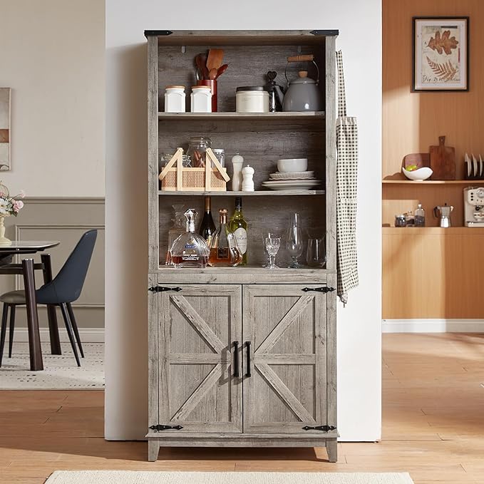 5 Tier Bookshelf 70in Tall Bookcase with Barn Doors and Storage Cabinet, Grey Farmhouse Book Shelf with Adjustable Shelves, Wood Freestanding Display Bookshelves for Bedroom, Kitchen (3PCS)