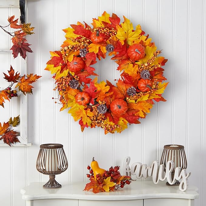 DiliComing Fall Wreath Front Door Wreath - 20 inch Fall Wreaths for Front Door, Autumn Wreaths with Pumpkin Maple Leavses for Indoor Outdoor Outside, Home Decor for Thanksgiving Harvest