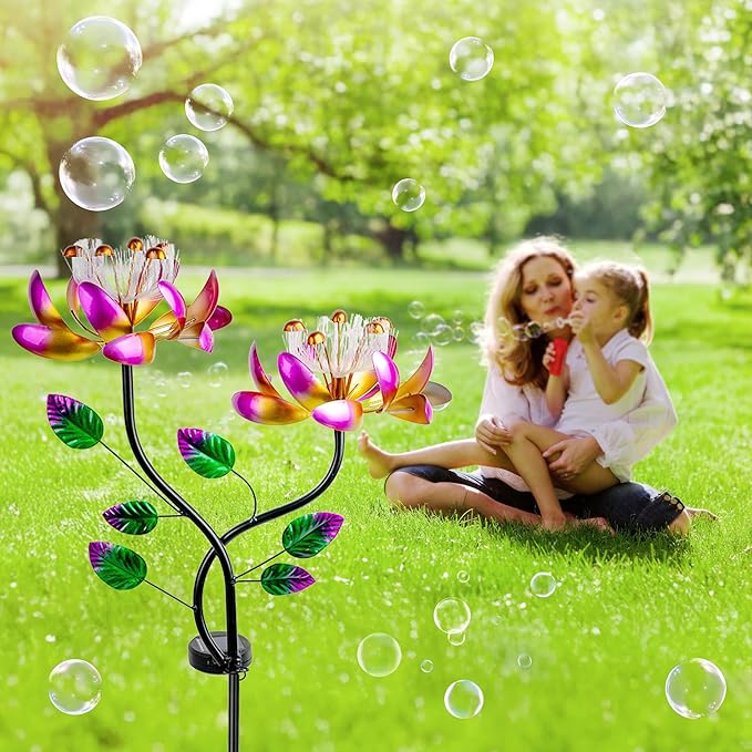55'' Solar Powered Kinetic Wind Spinner Sculpture Pink Lotus Metal Stake Spinner for Patio, Lawn and Garden Decor Weather-Resistant Outdoor Art with Dual Lotus Design