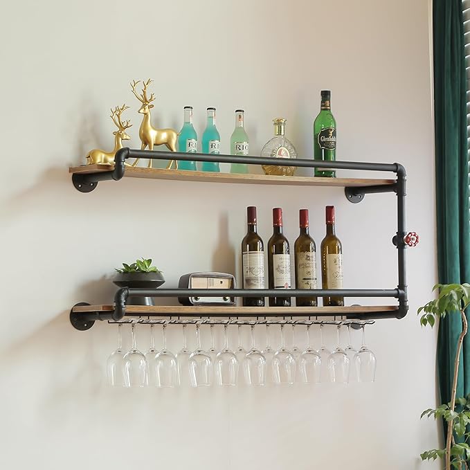 41 Inch Wine Rack Wall Mounted 2 Tier, Hanging Floating Bar Liquor Shelves with Glass Holder Storage Under, Industrial Rustic Pipe Farmhouse Kitchen Decor Black