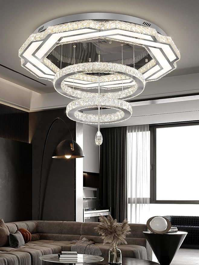 Flashing God Large Crystal Chandelier Dia 48" Silver Chandelier Flush Mount Ceiling Light for Bedroom Living Room Dining Room Hallway Dimmable 3 Rings LED Celing Lighting Fixtures