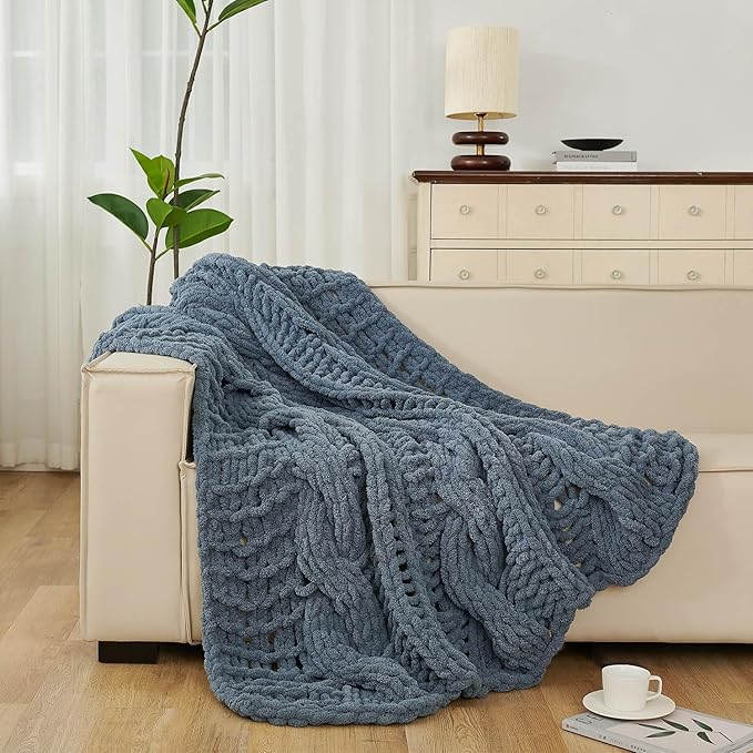 Esterra Chunky Knit Blanket Throw 50"x60", 100% Hand Knitted Chenille Throw Blanket, Cozy Soft Thick Cable Knit Throw Large Rope Knot Crochet Throw Blanket for Sofa Couch Bed, Blue Mirage