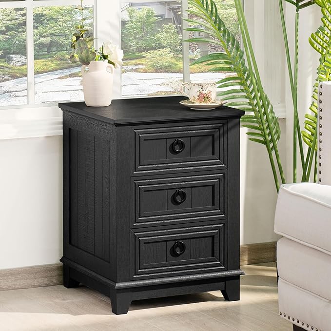 Farmhouse Night Stand Set of 2, 18" End Table with 3 Drawer Metal Handle, Dresser for Bedroom, Sofa Bed Side Table Chest of Drawers,Wood Nightstand Cabinet for Organizer, Living Room-Black