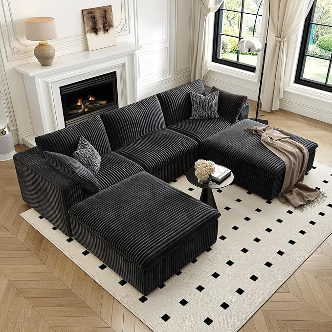 118" Cloud Couch Modular Sectional Sofa for Living Room,Modern Sofa with Deep Seat，U-Shape Boneless Couch with 2 Ottoman,Comfy Upholstered Corduroy Couches for Apartment, Studio, Office,Bedroom，Black