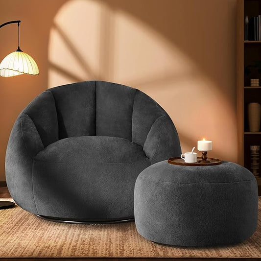 Giant Bean Bag Swivel Chair for Adults - Comfy Plush Round Shell Soft Accent Chaise Lounge Indoor Reading Chair, Oversized Cozy Floor Sofa for Living Room, Bedroom & Game Rooms, Dorm, Gray