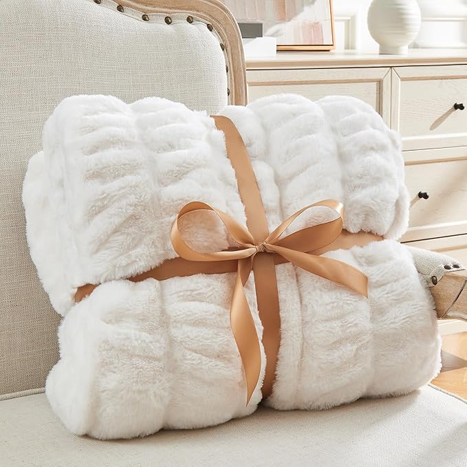 BEDELITE Faux Fur Throw Blanket for Couch, Soft and Cozy Boho Ruched Fluffy Blanket, Warm Plush Fuzzy Faux Rabbit Fur Blanket for Women Gift (Cream, 60"x 80")