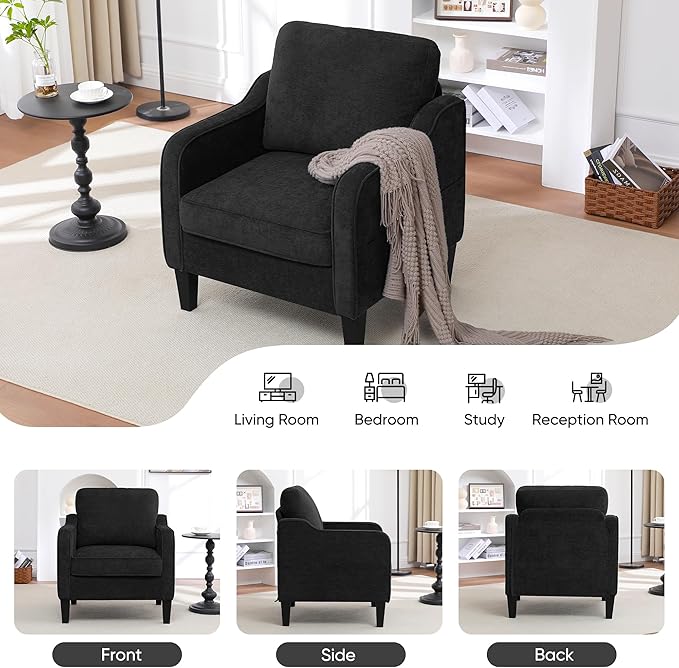 Accent Chair for Living Room, Mid Century Modern Reading Chair for Bedroom, Upholstered Armchair with Side Pockets, Comfy Single Sofa Side Chair for Office, Apartment, Small Room, Black