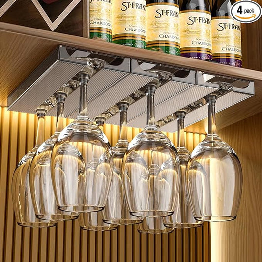 4 Pcs Wine Glass Holder Under Cabinet,Plastic Stemware Rack Punch-free Hanger Under Counter for Bar,Kitchen and Restaurant(Grey)
