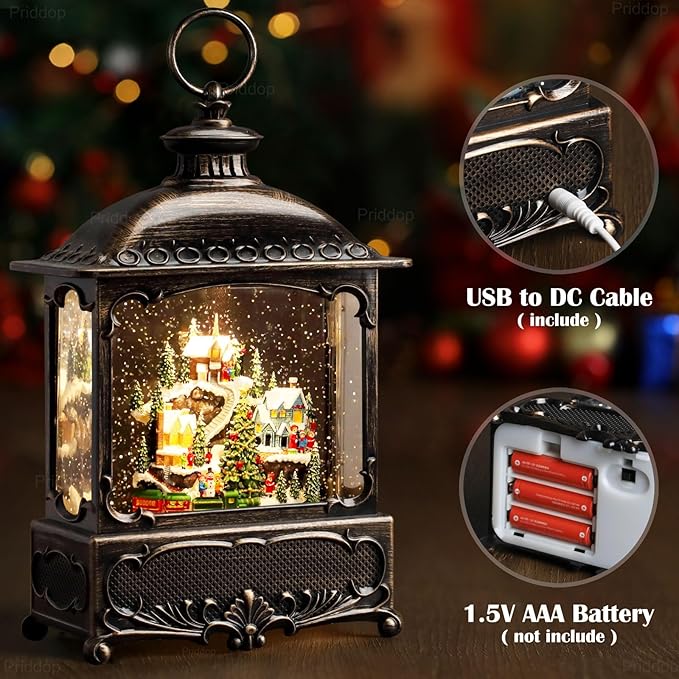 Christmas Snow Globe Lantern Christmas Decorations Gifts Snowy Village Scene Snowman Church Cabin Train Musical Glitter Snowfall USB/Battery Timer 12 inch