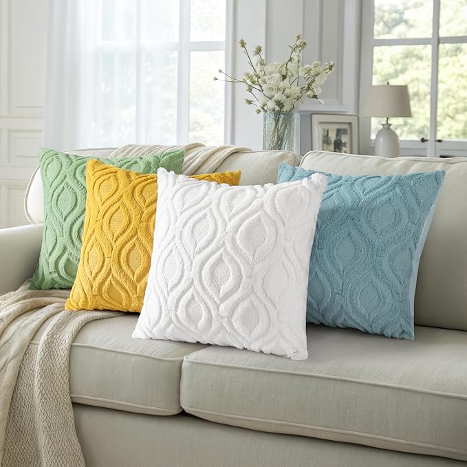 decorUhome Fall Throw Pillow Covers 24x24 Inch Set of 2, Soft Plush Decorative Faux Fur White Solid Couch Pillow Covers, Accent Farmhouse Neutral Square Euro Pillow Cases for Sofa Bed Living Room