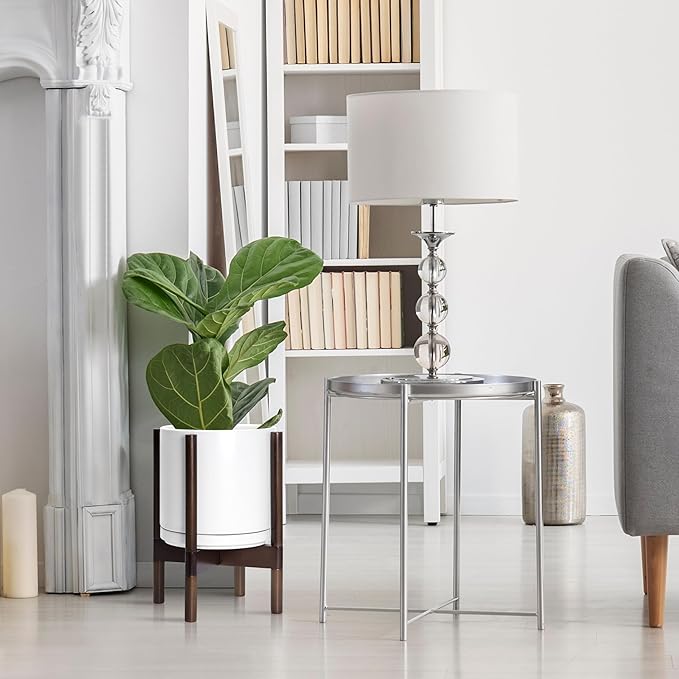 D'vine Dev Ceramic Planter with Walnut Color Stand - 10 Inch Modern Round Flower Pot with Wood Planter Holder, White, 55-B-X-1