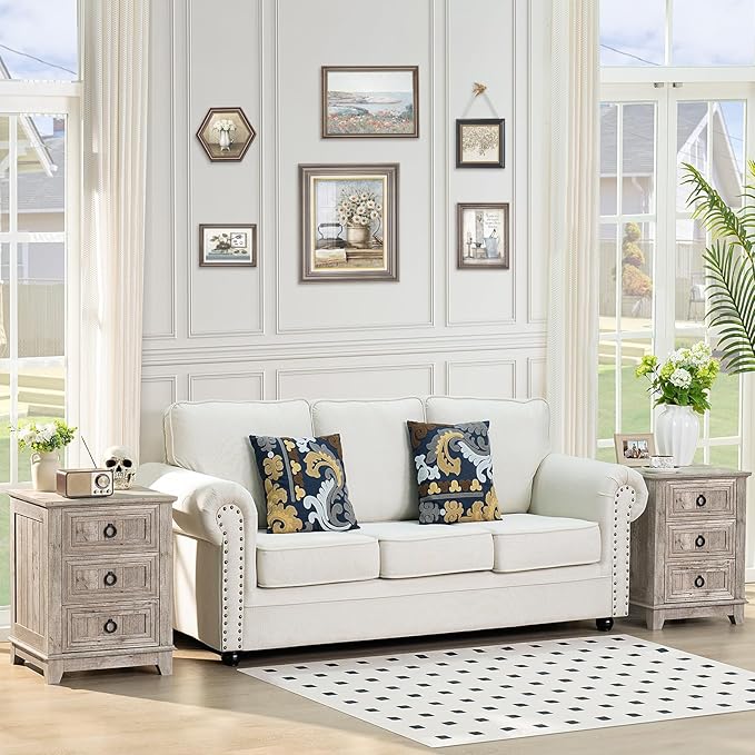 Farmhouse Night Stand Set of 2, 18" End Table with 3 Drawer Metal Handle, Dresser for Bedroom, Sofa Bed Side Table Chest of Drawers,Wood Nightstand Cabinet for Organizer, Living Room-Oak