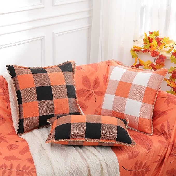 decorUhome Fall Orange and Black Decorative Throw Pillow Covers 18x18 Set of 2, Buffalo Plaid Check Farmhouse Cushion Covers with Stitched Edge for Autumn Harvest Couch Sofa Bed Home Decor