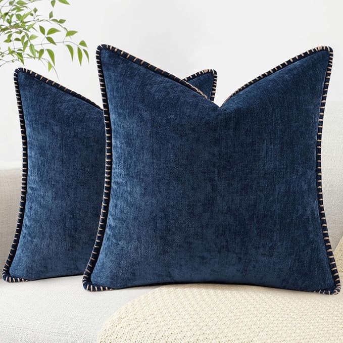 decorUhome Chenille Soft Throw Pillow Covers 20x20 Set of 2, Farmhouse Velvet Neutral Decorative Euro Pillow Covers with Stitched Edge for Couch Sofa Bed Home Decor, Poseidon