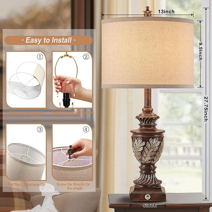 Farmhouse 3-Way Dimmable Touch Table Lamp Set of 2 for Bedroom Living Room with USB A+C Charging Ports 27.75" Tall Rustic Traditional Nightstand Bedside Lamps Brown End Table Lamp (2 Bulbs Included)