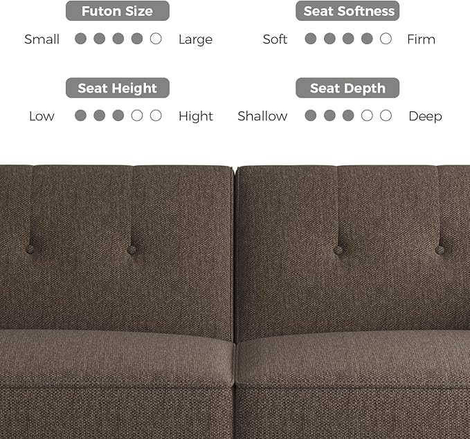 89” Futon Sofa Bed, Linen Comfy Futon Couch Bed with 2 Square Pillows, Convertible Sleeper Sofa with Adjustable Backrest& Armrests, Modern Loveseat Sleeper for Living Room, Bedroom, Brown