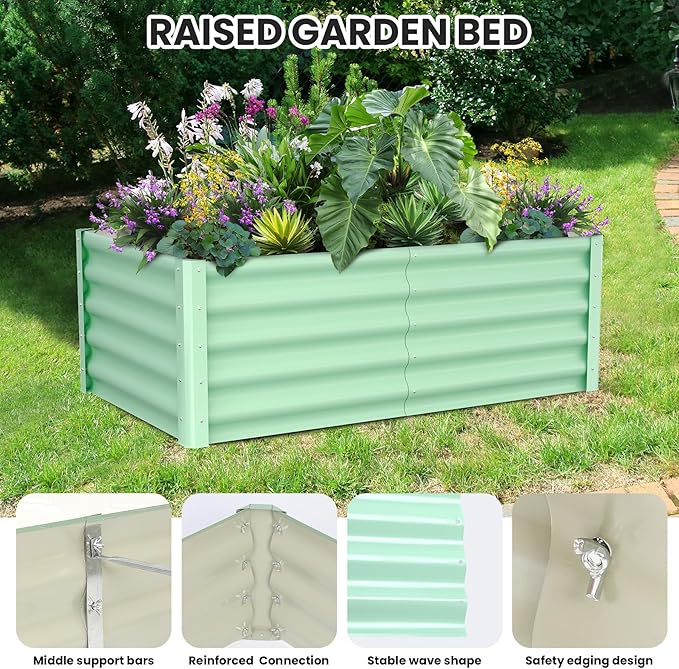 Galvanized Raised Garden Bed Outdoor, 2 Pcs 6x3x1.5FT Outdoor Large Planter Raised Beds Open Base with Safety Edge and Glove for Vegetables Flowers Ground Planter, Green