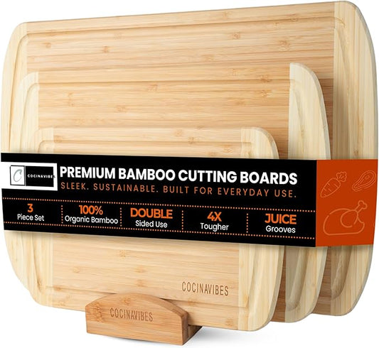 Bamboo Cutting Board Set – Charcuterie & Chopping Boards for Kitchen, Large & Small Sizes, Safe Cutting Boards for Meat, Cheese, Pizza – Home & Kitchen Gift Idea