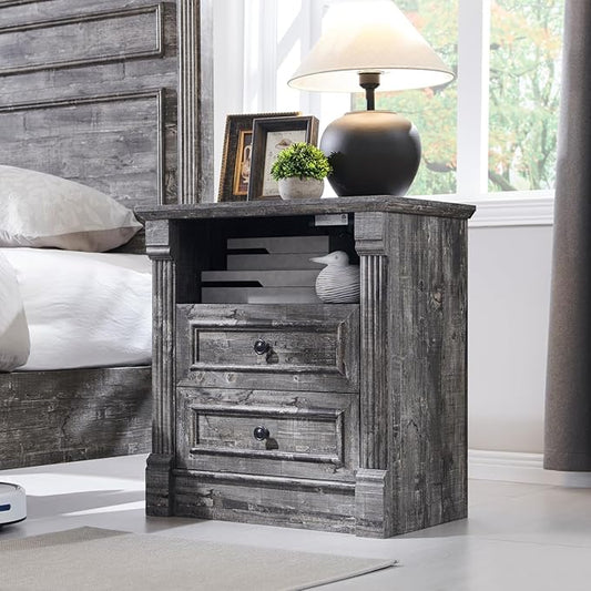 26" Tall Farmhouse Nightstand, 2 Drawers End Table w/Charging Station, 23.6" Wide Large Side Table w/Roman Column, Wood Rustic Sofa Table w/Open Shelf, Bedside Table for Bedroom, Light Gray
