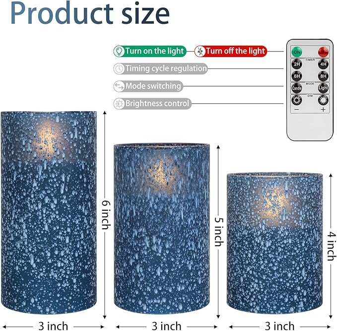 Flameless Candles with Remote - Battery Operated Candles with Timer, Flickering Real Wax LED Pillar Christmas Candles for Wedding, Table, Home Decorations (Blue, Set of 3)