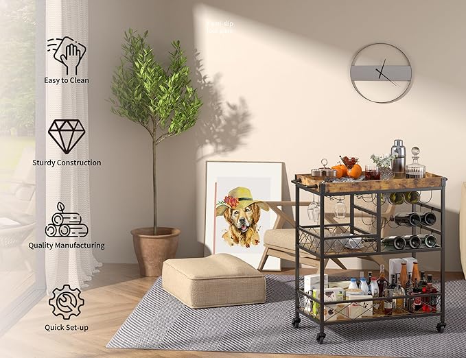 Gizoon Bar Cart, 3 Tier Coffee Cart with Lockable Wheels, 12-Bottle Wine Rack, and Hanging Glass Holder, Kitchen Rack with Removable Tray, for Kitchen, Dining Room, Entertaining, Club Party,Retro