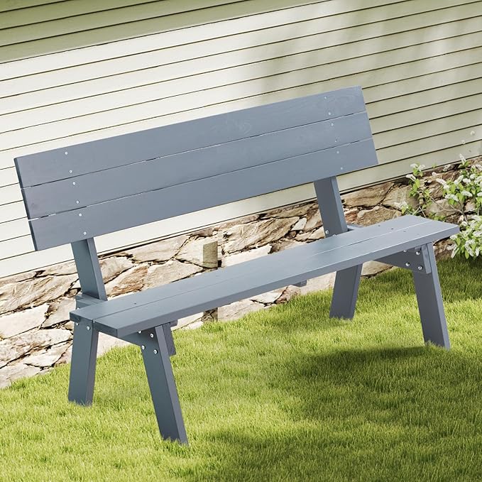 AVAWING Outdoor Convertible Wood Bench with Backrest, Patio Wood Convert a Bench, Space-Saving 2-in-1 Picnic Table Chairs Set for Backyard, Porch, Patio, Garden, Grey