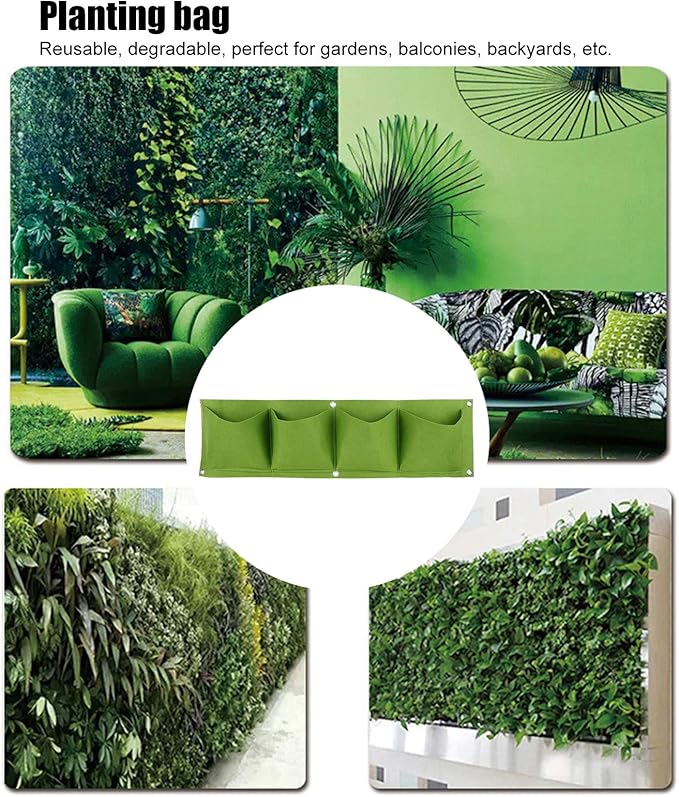 Atyhao Wall Plant Bag,4Pcs 4 Pocket Plant Grow Bag Wall Mounted Reusable Degradable Felt Garden Planter Herbs, Succulents Artificial Pl or Flowers. ()