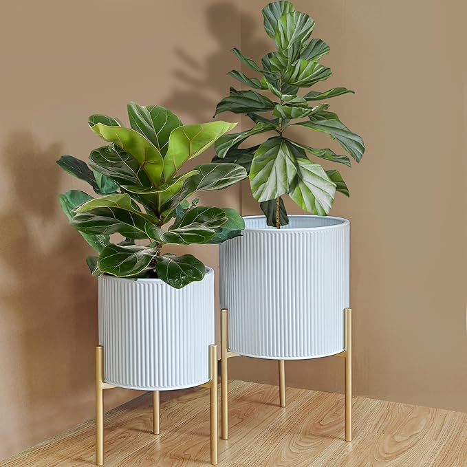ARNIS Modern Plant Pots, Set of 2 Round Large Planters with Stand, Large Size Metal Pots with Drainage Holes for Living Room, Office, Garden or Balcony, 10.5 &12.25 Inch, White & Gold