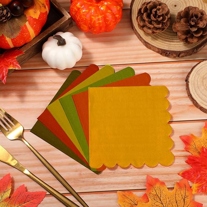 150 Pcs 5 x 5 Inches Fall Thanksgiving Paper Napkins Scalloped Cocktail Napkins Disposable Autumn Harvest Party Supplies Dessert Beverage Bathroom Table Dinner Wedding Decor