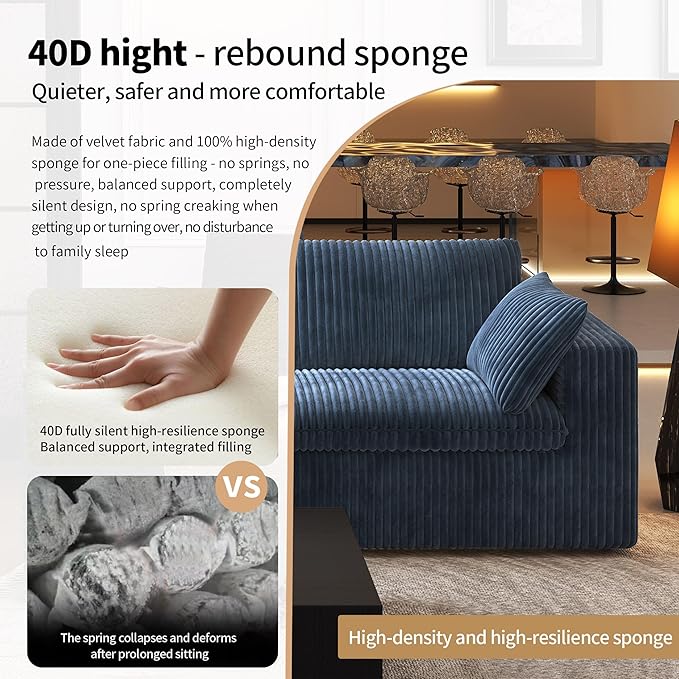 118" 3-Seater Cloud Sofa,Modular Sectional Couch,Modern Deep Seat Upholstered Couches with Plush Corduroy Fabric for Living Room Furniture,Bedroom and Apartment,No Assembly Required,Blue