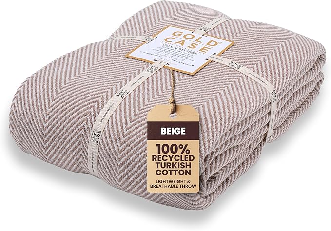 Gold Case Throw Blanket for Bed – 100% Recycled Turkish Cotton Bed Blanket – Decorative Throw Cotton Blankets for Living Room & Bedroom – Elegant Beige Woven Queen Blankets – 90x90