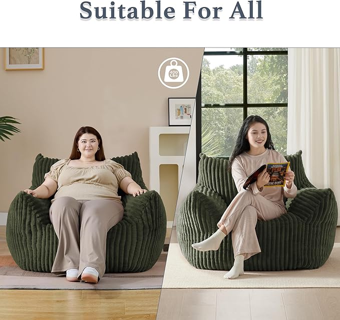 Giant Plush Bean Bag Chair for Adults with Armrests - Oversized Comfy Green Beanbag Lounge Lazy Floor Sofa Accent Chair for Living Room, Bedroom & Dorm, Cozy Fluffy Single Cloud Mini Couch