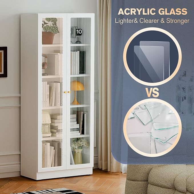 5 Tier Metal Curio Cabinets, Modern Bookshelf Cabinet with 4 Adjustable Shelves, Cabinet Display Case for Home Office, Living Room, Pantry (White-27.5W)