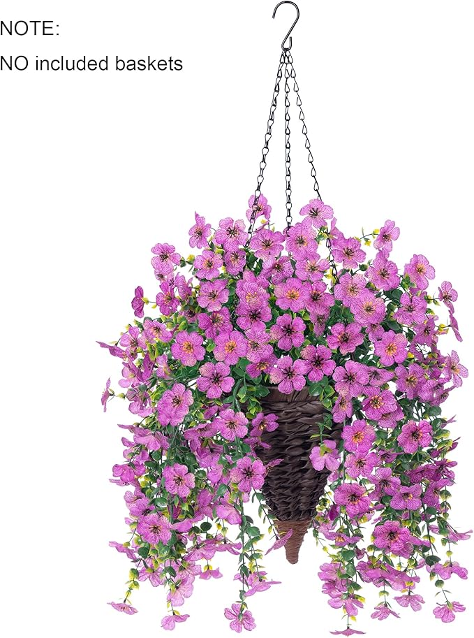 Artificial Faux Hanging Flowers Plants for Outdoor Decor, 2 PCS Outside Fake Silk Violets with Eucalyptus UV Resistant Realistic Daisy Trailing Vines for Planter Front Door Balcony Patio Yard, Purple