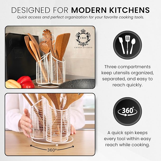 360° Rotating Kitchen Utensil Holder- 3 Compartment Organizer with Cork Bottom | Includes Premium 9-Piece Acacia Wood Utensil Set | Professional Luxury Design | Metal Utensil Crock (Matte white)