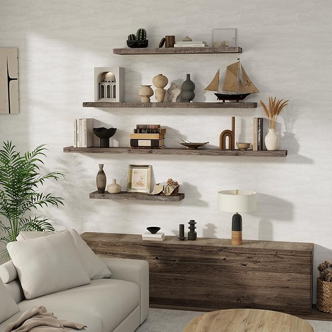 Floating Shelves Reclaimed Barnwood, 8" Deep Solid Wood Floating Shelf Wall Hanging Shelves with Invisible Heavy-Duty Metal Bracket | Wall Mounted | Farmhouse Style | 40 inches,2PCS,Grey