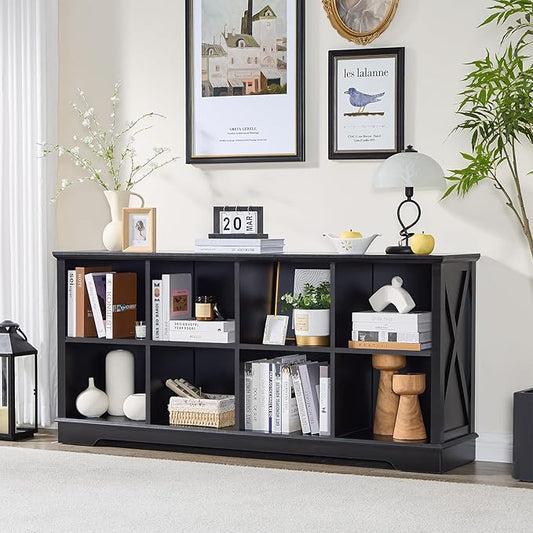 Farmhouse 8 Cube Bookshelf, Black Storage Organizer Bookcase, Kids Toy Storage Cabinet, Long Bookshelves Storage Organizer Shelf, Wood Display Cabinet Book Shelves for Bedroom,Living Room,Office