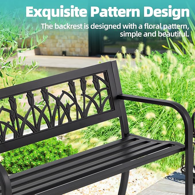 AVAWING Outdoor Bench, 2-Person Garden Benches for Outside, Metal Frame Patio Seating with Floral Pattern Backrest, Armrests for Lawn, Park, Porch, Entryway, Black