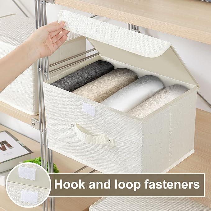 Fabric Storage Bins Cube Organizers with Flip-Top Lid and Handles,Storage Boxes for Organizing Home,Office,and Closet,Beige,3 Pack 13 X 9.1 X 7.9 in
