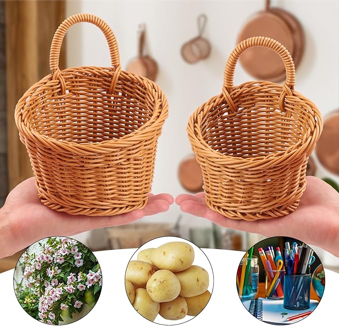 6 Pack 3 Size Woven Hanging Fruit Basket, Wall Hanging Wicker Baskets, Wall fruit Wicker Basket for Kitchen, Planter, Vegetable & Fruit, Boho Home Decor