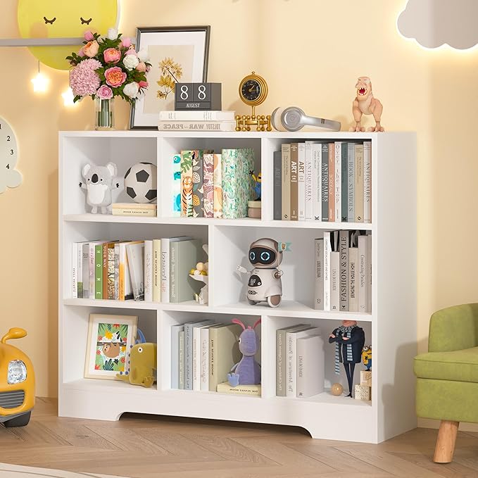 Book Shelf, 8 Cubes Storage Organizer, 3-Tier Open Shelf Wooden Bookcase, Freestanding White Bookshelf Cube Shelf for Bedroom, Living Room, Home Office