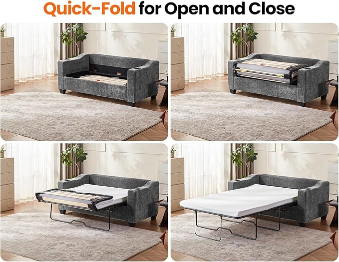 CHIC HOUSE Pull Out Sofa Bed, Full Size Sleeper Sofa, 2-in-1 Convertible Chenille Couch with USB Charging, Memory Form Couch for Living Room, Apartment & Small Space (Dark Grey, Chenille - Full)