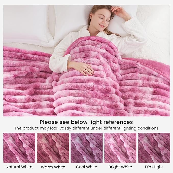 Cozy Bliss Faux Fur Throw Blanket for Couch, Cozy Warm Plush Striped Blanket for Sofa Bedroom Living Room,50 * 60 Inches Tie-dye Pink